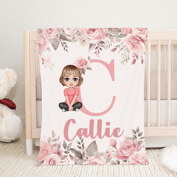 Personalizzato rosa floreale personaggio dei cartoni animati morbida coperta con iniziale e nome Home Decor Compleanno regalo di Natale per ragazzi ragazze famiglia