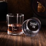 Personalized What A Fucking Day Old Fashioned Whiskey Rocks Glass with Engraved Text Funny Birthday Father's Day Retirement Gift for Men