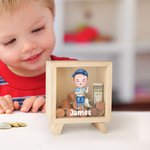 Personalised Cute Boy Girl Character Wood Money Box Piggy Bank with Name Home Decor Christmas Gift for Kid