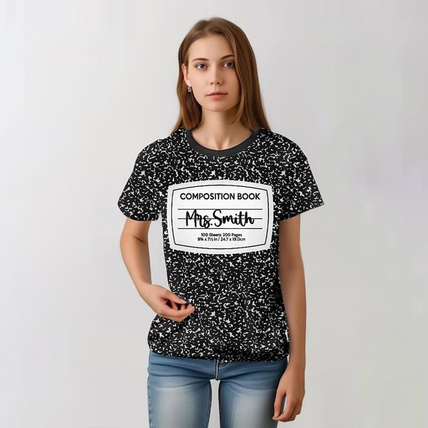 T-shirt unisexe personnalisé avec nom et cahier de composition drôle Costume de groupe Appréciation Halloween Noël Cadeau pour professeur