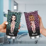 Personalized Faux Glitter Leopard Funny Nutrition Facts Cartoon 20oz Insulated Tumbler with Lid Straw Appreciation Birthday Gift for Nurse Doctor