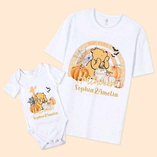 Personalised Cute Bear First Halloween 100% Cotton Baby Bodysuit T-shirt Matching Outfit Set with Name Halloween Gift for New Mom Baby