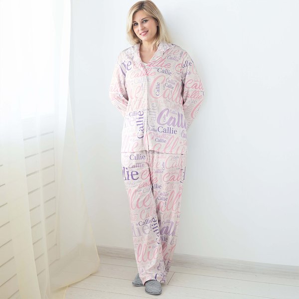Personalizzato Nuvola di parole Unisex Set pigiama morbido a maniche lunghe con tasche e nome Regalo di compleanno per uomini e donne