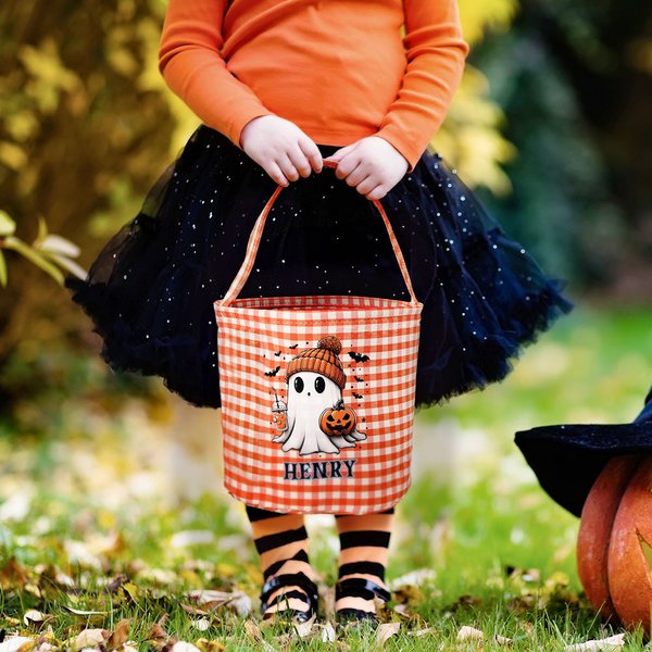 Personalizada Fantasma Murciélago Calabaza Plaid Reutilizable Cesta de Dulces con Nombre Halloween Truco o Trato Actividad Regalo para Niños Niñas