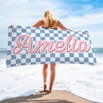 Personalizzato Rapido assorbente morbido Retro Plaid Nome Asciugamano da spiaggia Accessorio estivo Compleanno Regalo di Natale per amico Famiglia