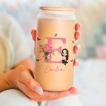 Personalized Cartoon Character 20oz Birth Flower Bouquet Name Glass Bottle with Bamboo Lid and Straw Birthday Mother’s Christmas Day Gift for Her