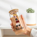 Verre à bière personnalisé avec couvercle en bambou et paille Cadeau d'anniversaire et d'amitié pour femme