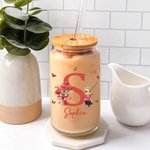 Personalized Cartoon Character 20oz Birth Flower Bouquet Name Glass Bottle with Bamboo Lid and Straw Birthday Mother’s Christmas Day Gift for Her