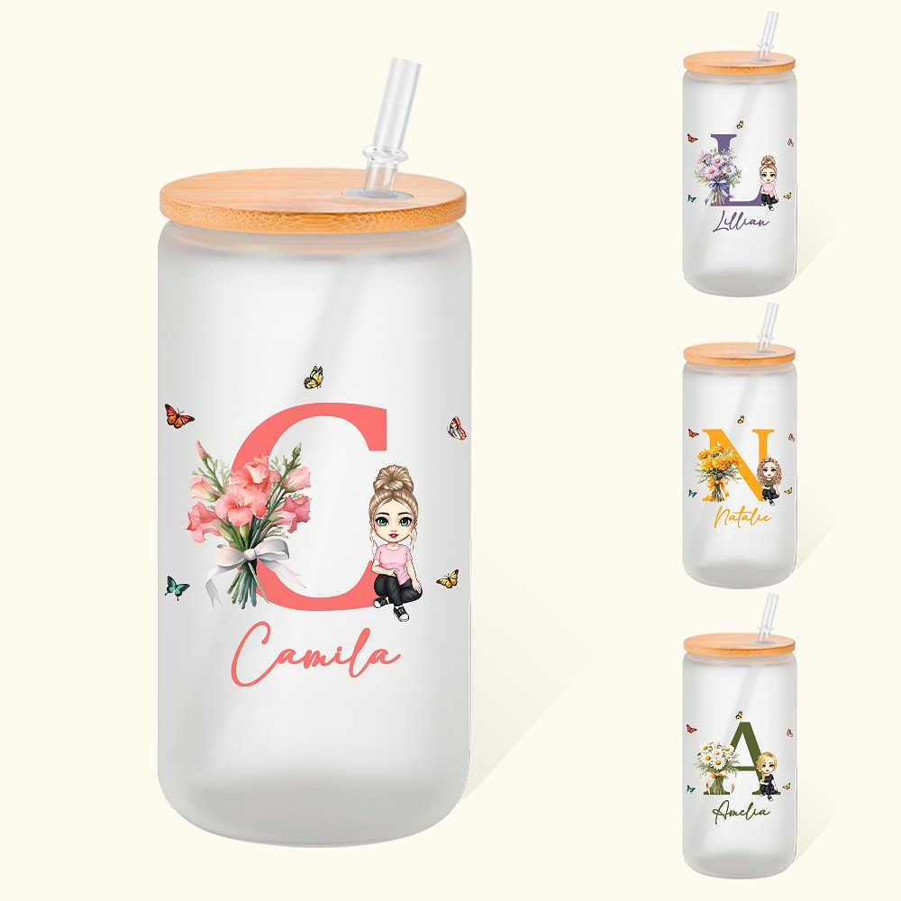 Bouteille en Verre Personnalisée avec Personnage Dessin Animé Couvercle en Bambou et Paille Cadeau d'Anniversaire Noël pour Elle