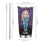 Personalized Faux Glitter Leopard Funny Nutrition Facts Cartoon 20oz Insulated Tumbler with Lid Straw Appreciation Birthday Gift for Nurse Doctor