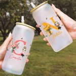 Personalized Cartoon Character 20oz Birth Flower Bouquet Name Glass Bottle with Bamboo Lid and Straw Birthday Mother’s Christmas Day Gift for Her