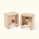 Personalised Cute Boy Girl Character Wood Money Box Piggy Bank with Name Home Decor Christmas Gift for Kid