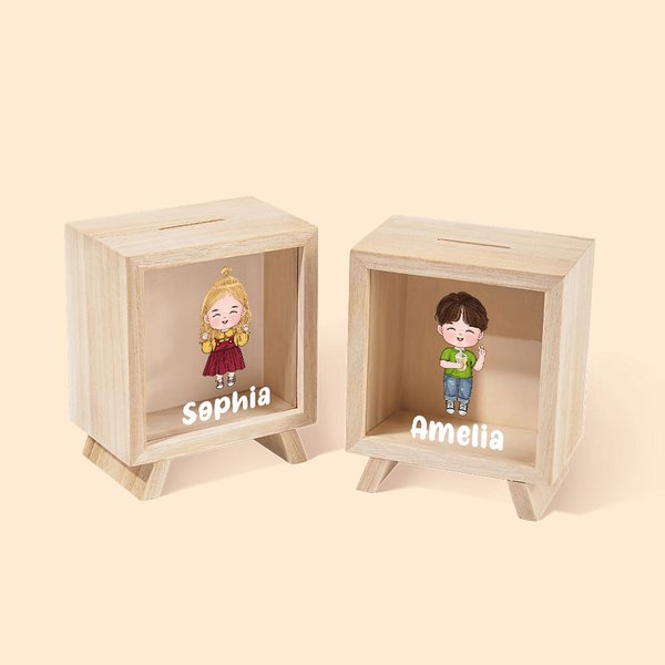Tirelire en Bois Personnalisée avec Personnage Dessin Animé et Nom Cadeau Noël Anniversaire pour Enfants