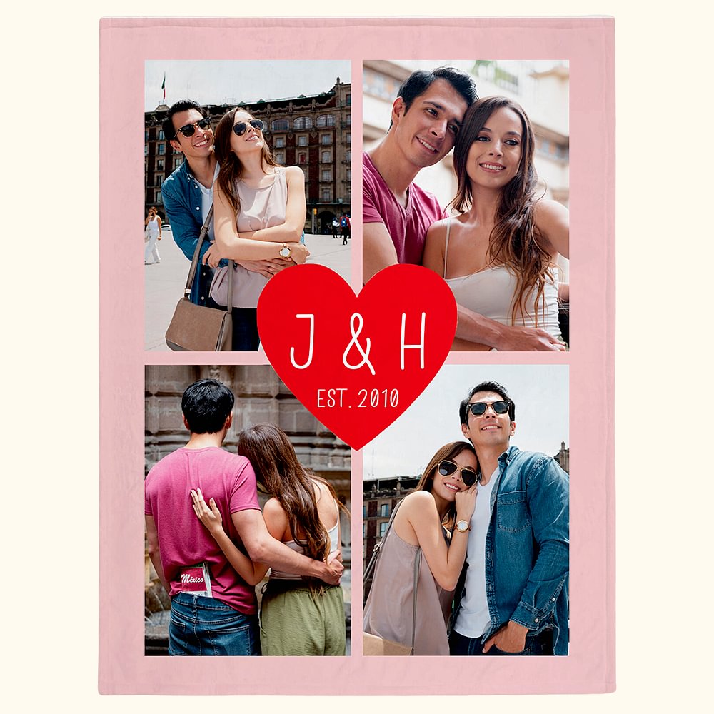 Couverture Romantique Personnalisée avec 4 Photos Initiale et Année Décro de Maison Cadeau Anniversaire Noël pour Couples