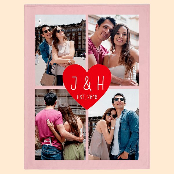 Personalized Romantic Heart Collage Photos Soft Warm Throw Blanket with Initials and Year Anniversary Birthday Christmas Gift for Couple