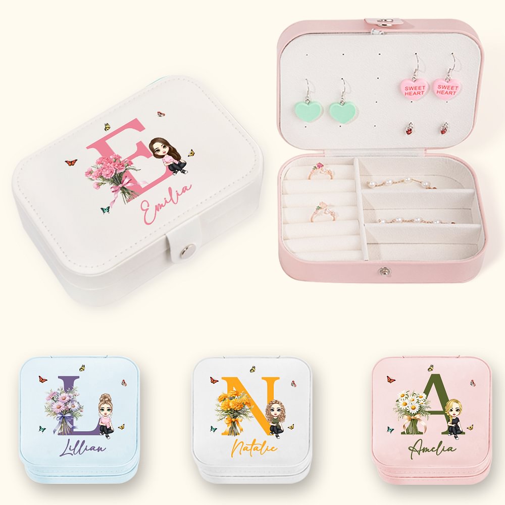 Boîte à Bijoux Portable Personnalisée avec Nom Initiale Personnage Dessin Animé et Fleur de Naissance Cadeau d'Anniversaire pour Femmes Filles