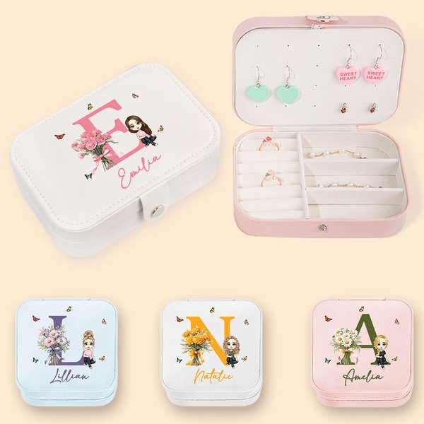 Personalised Portable Birth Flower Cartoon Character Jewellery Box with Name Christmas Birthday Gift for Women Girls