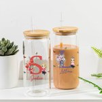 Personalized Cartoon Character 20oz Birth Flower Bouquet Name Glass Bottle with Bamboo Lid and Straw Birthday Mother’s Christmas Day Gift for Her