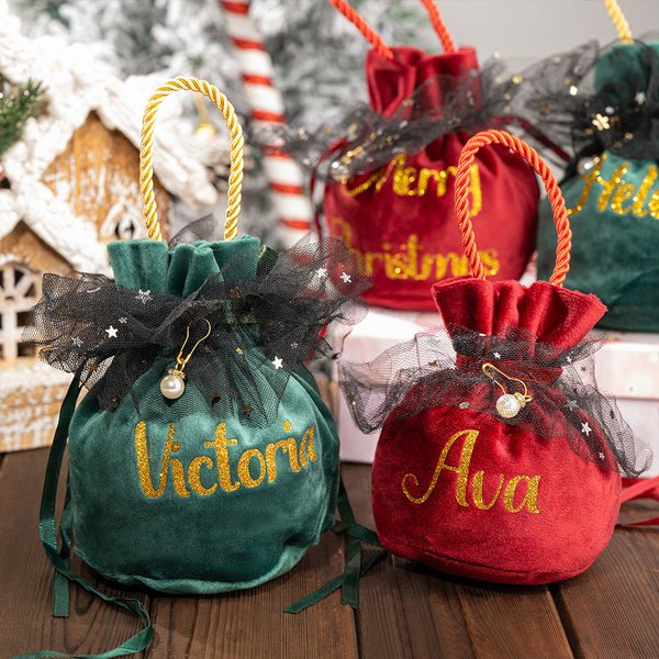 Personalised Velvet Drawstring Santa Sack Sweets Bag with Glitter Name and Handle Home Decor Christmas Party Supplies Gift for Kids