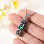 Personalized Vintage Carved Pattern Cylinder Ashes Urn Pendant Necklace with Gemstone Cremation Jewelry Memorial Sympathy Gift for Women