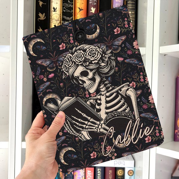 Funda para libros personalizada con diseño de esqueleto gótico y flores protector con nombre regalo de Halloween y Navidad para amantes de la lectura