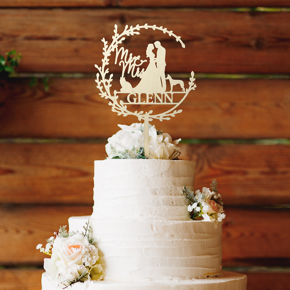 Chien, chat, marié, mariée Silhouette de gâteau avec nom Décoration de cérémonie de mariage Cadeau pour la famille et les amis