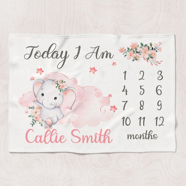 Personalized Floral Elephant Monthly Milestone Blanket with Name Cute Nursery Decor Baby Shower Birthday Gift for Newborns Boys Girls