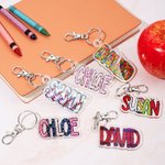 Personalized Crayon Flower Doodle Letters Acrylic Keychain with Name and Card Birthday Back to School Christmas Gift for Kids Teacher