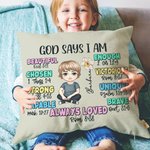 Personalized Cute Cartoon Character God Says I Am Soft Throw Pillow Cover with Name and Birth Flower Home Decor Baptism Christmas Gift for Girls Boys