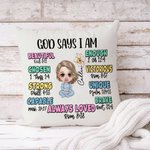 Personalized Cute Cartoon Character God Says I Am Soft Throw Pillow Cover with Name and Birth Flower Home Decor Baptism Christmas Gift for Girls Boys