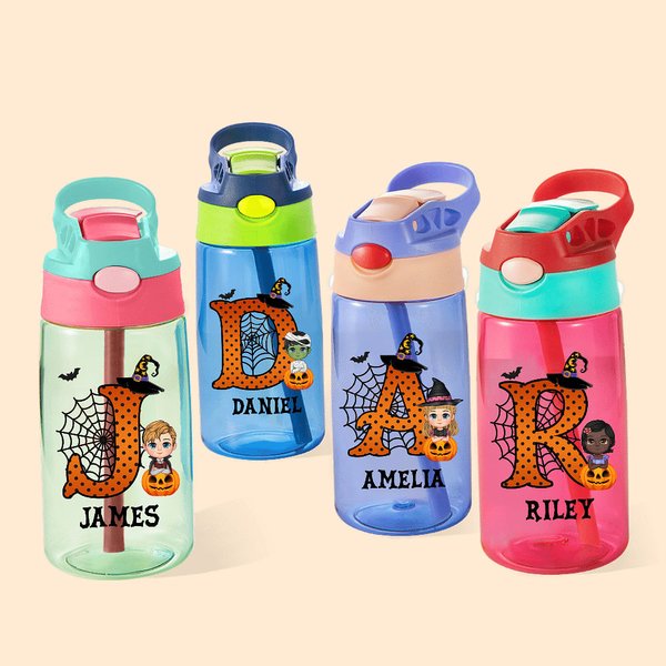 Personalized Cute Cartoon Character Pumpkin Design 16oz Water Bottle with Initial & Name Halloween Party Favor Gift for Kids
