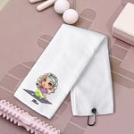 Asciugamano in cialda personalizzato multicolore con nome e clip da appendere, regalo di compleanno portatile per gli amanti dello sport.