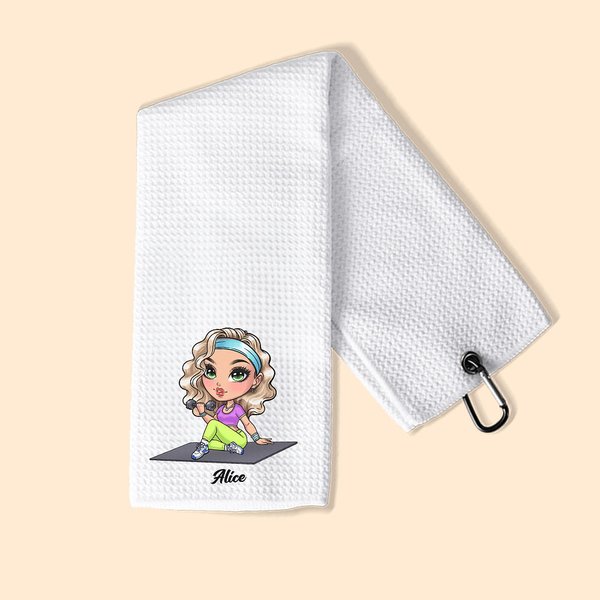Personalised Multicolour Cartoon Sport Girl Waffle Towel with Name and Hanging Clip Portable Birthday Sport Accessories Gift for Sport Lover
