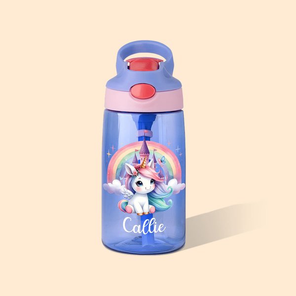 Personalised Rainbow Castle Fantasy Unicorn Design 16 oz Kid Water Bottle with Straw and Name Birthday Christmas Back to School Gift for Girls