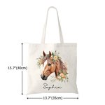 Personalized Floral Horse Pattern Durable Canvas Tote Bag with Name Holiday Birthday Christmas Gift for Horse Lovers