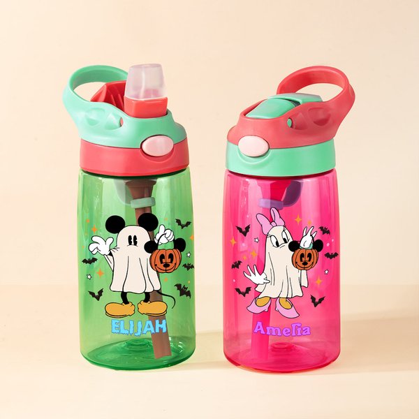 Personalised Cute Ghost Pumpkin Bat Design 16oz Kid Name Water Bottle with Silicone Straw and Handle Halloween Gift for Kids Boys Girls