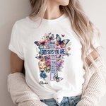 Personlized Character Bible Verse Cross Watercolor Butterfly Birth Flower T-shirt Sweatshirt with Name Birthday Baptism Gift for Women Girls