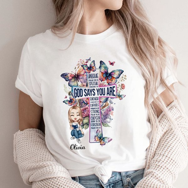 Personlized Character Bible Verse Cross Watercolour Butterfly Birth Flower T-shirt Sweatshirt with Name Birthday Baptism Gift for Women Girls