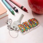 Personalized Crayon Flower Doodle Letters Acrylic Keychain with Name and Card Birthday Back to School Christmas Gift for Kids Teacher