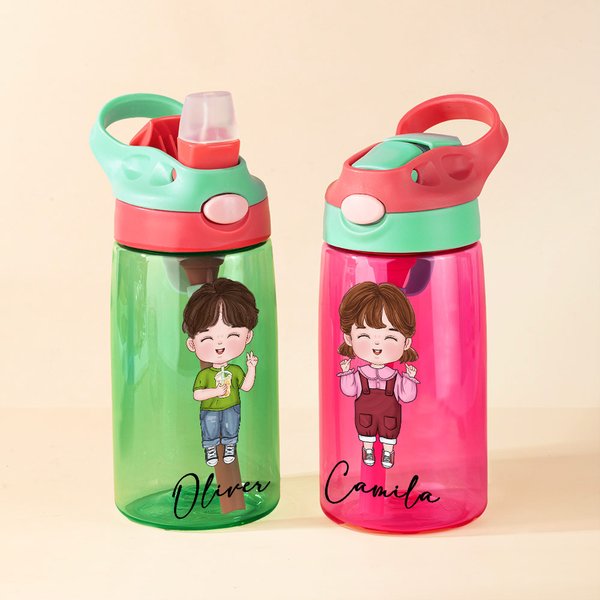 Personalised Cute Cartoon Character Name Water Bottle with Straw and Handle Birthday Christmas Gift for Boys Girls