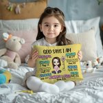Personalized Cute Cartoon Character God Says I Am Soft Throw Pillow Cover with Name and Birth Flower Home Decor Baptism Christmas Gift for Girls Boys