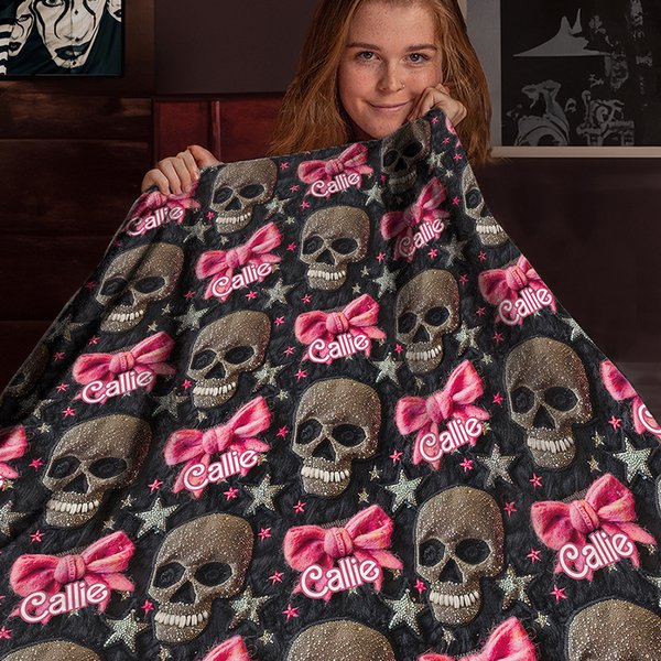 Personalized Gothic 3D Skulls Pink Coquette Bow Soft Throw Blanket with Name Home Decor Birthday Halloween Gift for Gothic Enthusiast