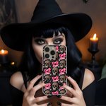 Personalized Gothic 3D Skulls Pink Coquette Bow TPU Phone Case for iPhone with Name Birthday Halloween Gift for Gothic Enthusiast