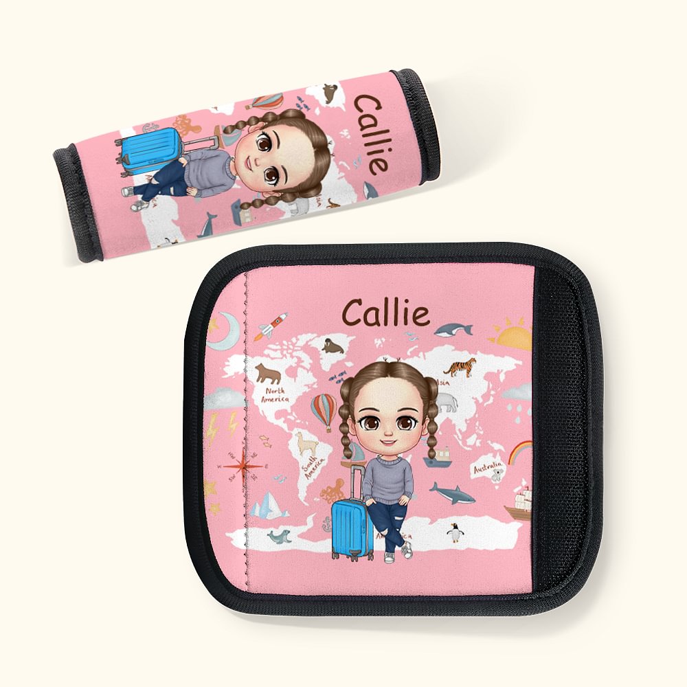 Couverture d'Anse de Bagage Personnalisée avec Personnage Cartoon et Nom Set de 2 Cadeaux Anniversaire Voyage pour Enfant Famille