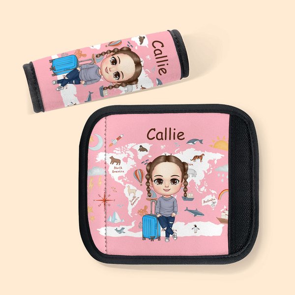 Personalised Set of 2 World Map Cartoon Character Luggage Handle Wraps with Name Birthday Christmas Travel Accessories Gift for Boys Girls