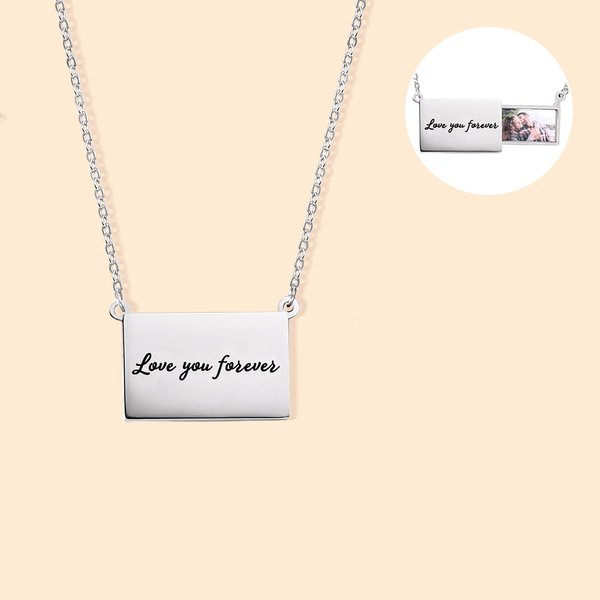 Personalisierte Pull-out Quadrat Foto Medaillon Halskette mit eingraviertem Text Geburtstag Jahrestag Geschenk für sie