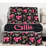 Personalisierte Gothic 3D Skulls Pink Coquette Bow Soft Throw Blanket mit Namen Home Decor Geburtstag Halloween Geschenk für Gothic-Enthusiasten