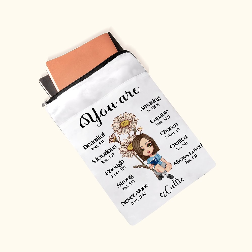Sac de Livre Personnalisé avec Personnage Fleur de Naissance Nom Design de Verset Biblique Couverture avec Poche Cadeau Noël pour Femme Chrétienne