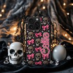 Personalized Gothic 3D Skulls Pink Coquette Bow TPU Phone Case for iPhone with Name Birthday Halloween Gift for Gothic Enthusiast