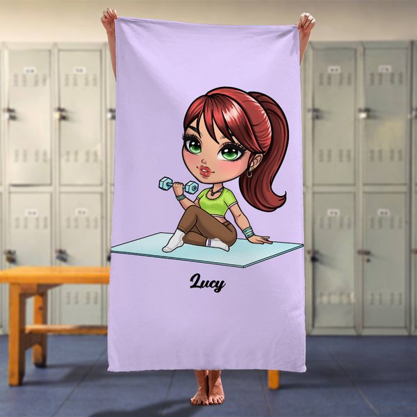 Personalised Multicolour Cartoon Sport Girl Oversized Quick Dry Bath Towel with Name Birthday Gym Workout Essential Gift for Women